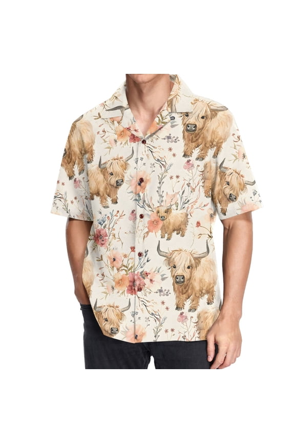 Men's Hawaiian Shirt Cute Highland Cows Short Sleeve Casual Button Down Shirts 2XL