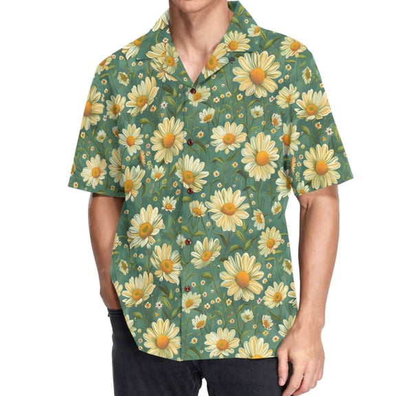 joogoo Men's Hawaiian Shirt Daisy Flowers Short Sleeve Casual Button Down Shirts 2XL