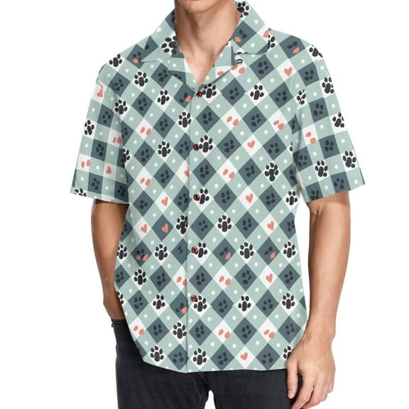 joogoo Men's Hawaiian Shirt Dog Footprint Checkered Short Sleeve Casual Button Down Shirts XL