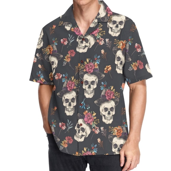 joogoo Men's Hawaiian Shirt Floral on Skull Short Sleeve Casual Button Down Shirts S