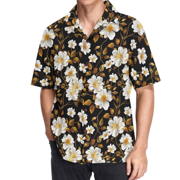 joogoo Men's Hawaiian Shirt Flower with Golden Leaves Short Sleeve Casual Button Down Shirts M