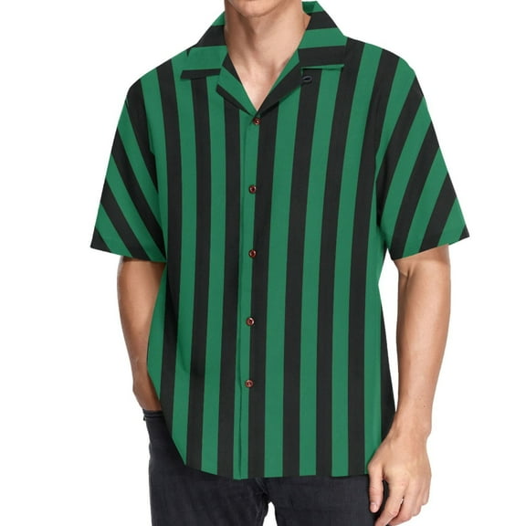 joogoo Men's Hawaiian Shirt Green and Black Stripes Short Sleeve Casual Button Down Shirts M
