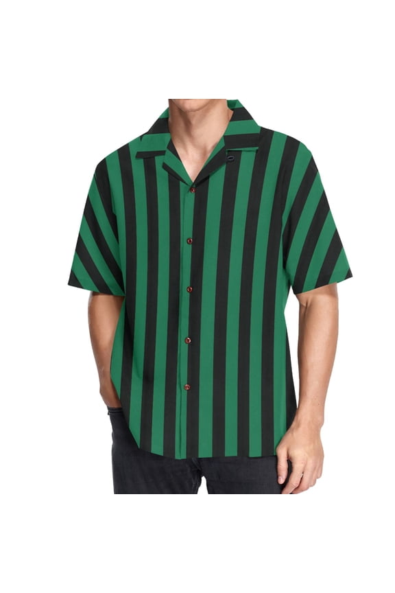 Men's Hawaiian Shirt Green and Black Stripes Short Sleeve Casual Button Down Shirts M