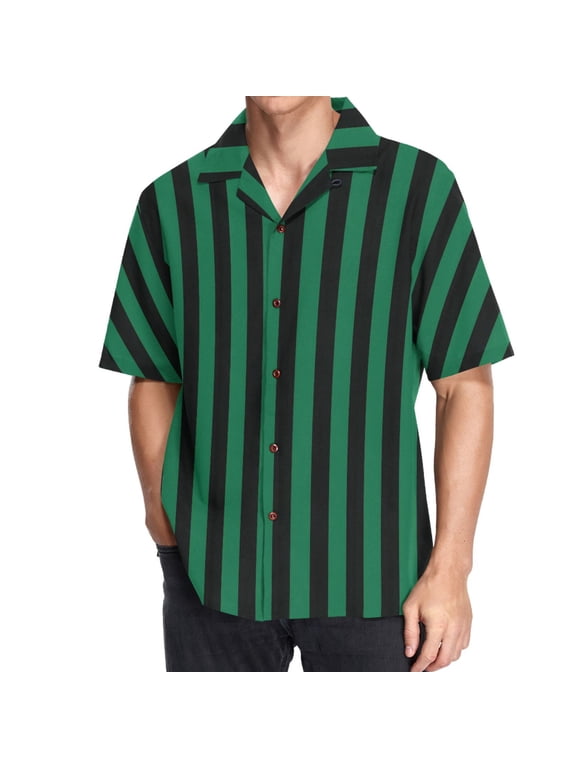 Men's Hawaiian Shirt Green and Black Stripes Short Sleeve Casual Button Down Shirts XL