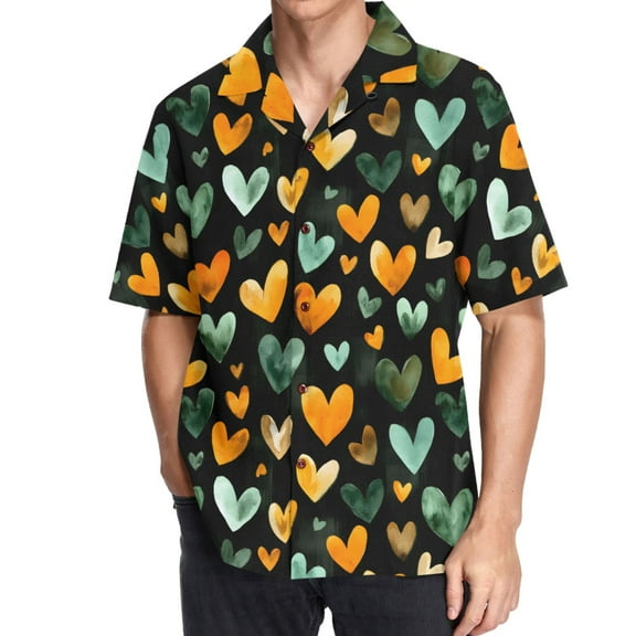 joogoo Men's Hawaiian Shirt Hearts in Green Short Sleeve Casual Button Down Shirts S