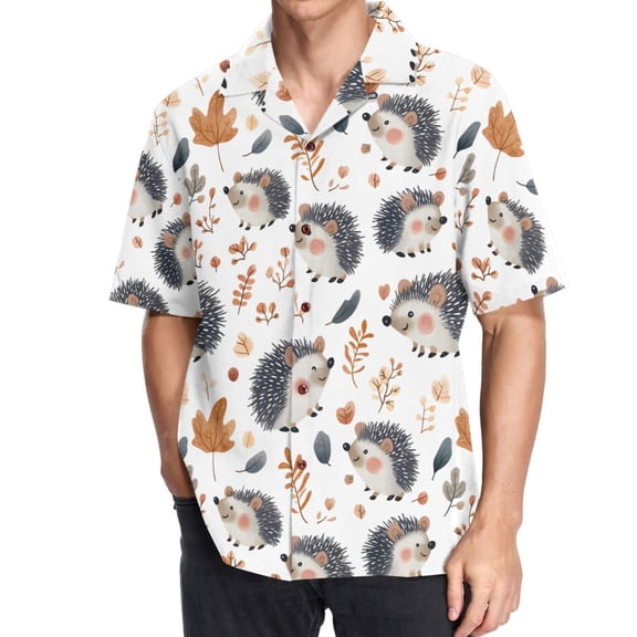joogoo Men's Hawaiian Shirt Hedgehog Autumn Leave Short Sleeve Casual Button Down Shirts 2XL