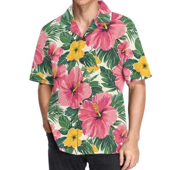 joogoo Men's Hawaiian Shirt Hibiscus Flower Leaf Short Sleeve Casual Button Down Shirts 2XL