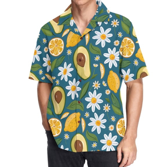 joogoo Men's Hawaiian Shirt Lemon Daisy Flowers Avocado Short Sleeve Casual Button Down Shirts XL