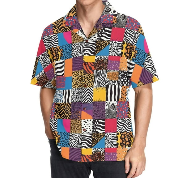 joogoo Men's Hawaiian Shirt Leopard Checkered Pattern Short Sleeve Casual Button Down Shirts 2XL