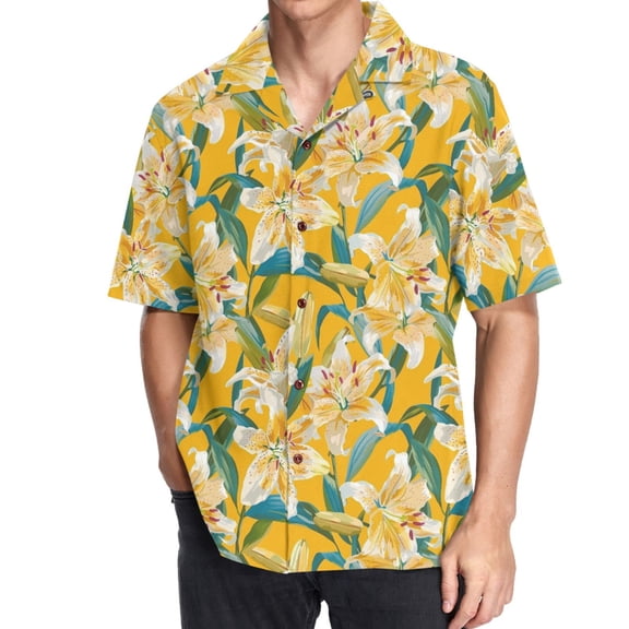 joogoo Men's Hawaiian Shirt Lily Flowers Green Leaves Short Sleeve Casual Button Down Shirts 3XL