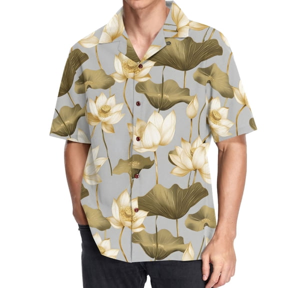 joogoo Men's Hawaiian Shirt Lotus Pattern Short Sleeve Casual Button Down Shirts 3XL