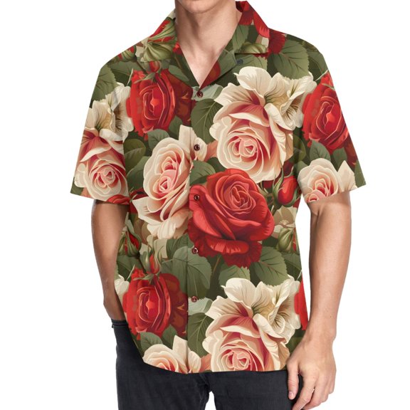 joogoo Men's Hawaiian Shirt Luxury Roses Flower Short Sleeve Casual Button Down Shirts XL