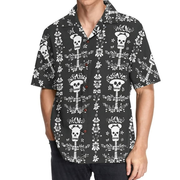 joogoo Men's Hawaiian Shirt Mexican Skull Flowers Short Sleeve Casual Button Down Shirts M