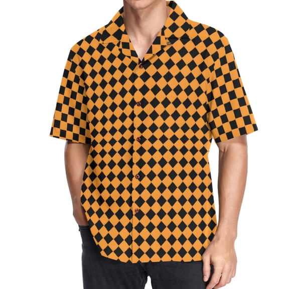 joogoo Men's Hawaiian Shirt Orange Checked Grid Pattern Short Sleeve Casual Button Down Shirts 3XL