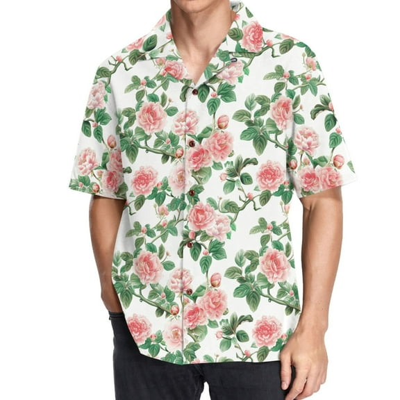 joogoo Men's Hawaiian Shirt Peony Flowers with Leaves Short Sleeve Casual Button Down Shirts 3XL