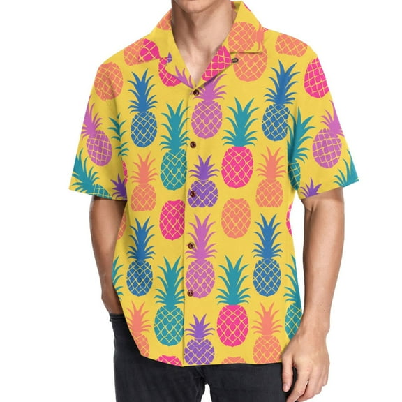 joogoo Men's Hawaiian Shirt Pineapple on Yellow Short Sleeve Casual Button Down Shirts S