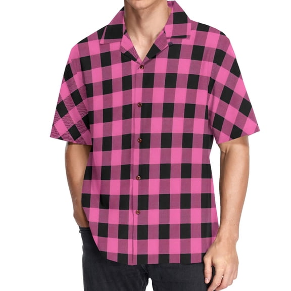 joogoo Men's Hawaiian Shirt Pink Checkered Grid Pattern Short Sleeve Casual Button Down Shirts 3XL