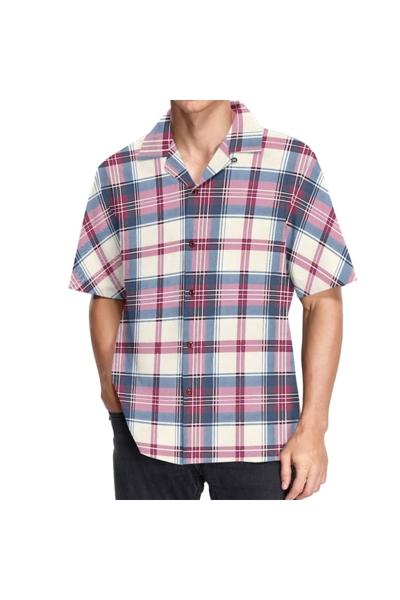 Men's Hawaiian Shirt Pink Checkered Grid Pattern Short Sleeve Casual Button Down Shirts 3XL