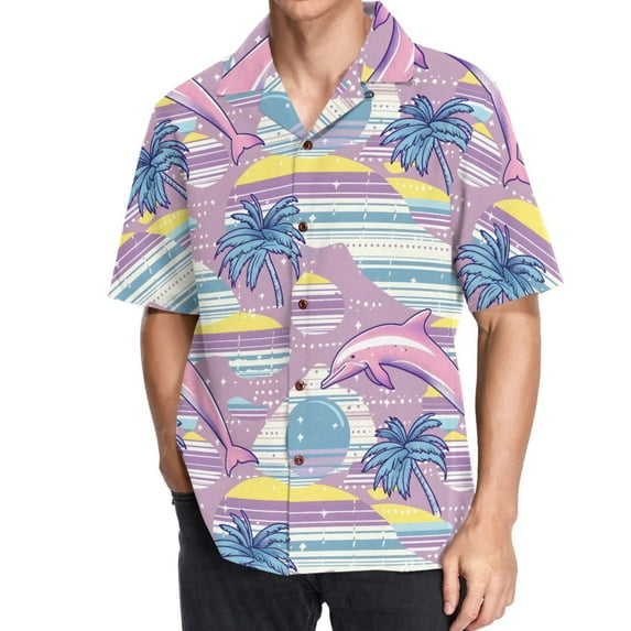 joogoo Men's Hawaiian Shirt Pink Palm Tree and Dolphin Short Sleeve Casual Button Down Shirts 2XL