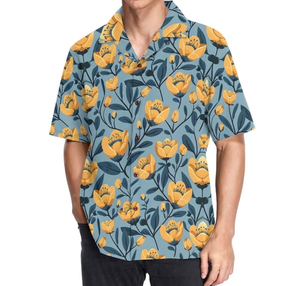 joogoo Men's Hawaiian Shirt Poppy Floral Pattern Short Sleeve Casual Button Down Shirts 2XL