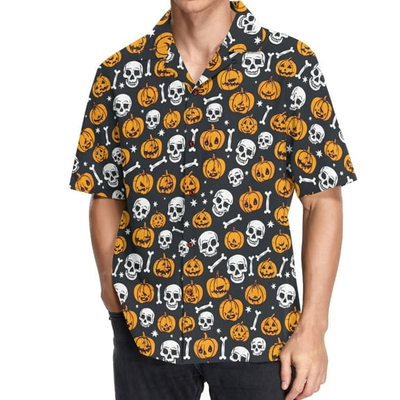 joogoo Men's Hawaiian Shirt Pumpkin Skeleton Halloween Short Sleeve Casual Button Down Shirts 3XL