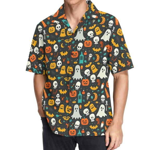 joogoo Men's Hawaiian Shirt Pumpkins Ghost Bats Halloween Short Sleeve Casual Button Down Shirts L