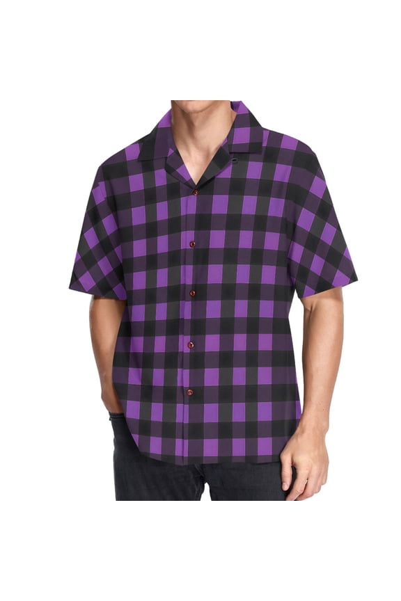 Men's Hawaiian Shirt Purple Checkered Grid Pattern Short Sleeve Casual Button Down Shirts 3XL