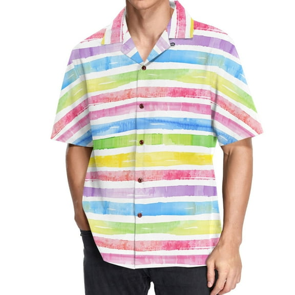 joogoo Men's Hawaiian Shirt Rainbow Stripes Short Sleeve Casual Button Down Shirts 2XL