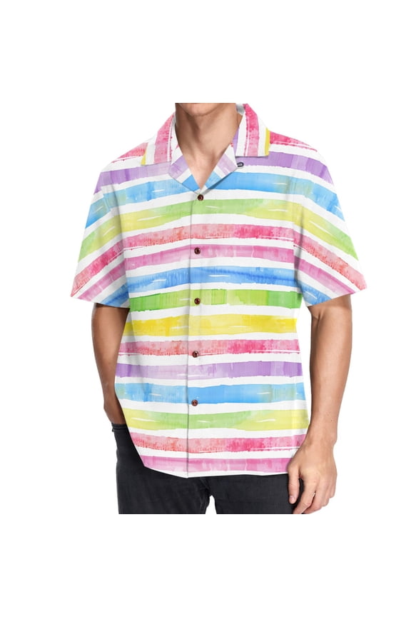 Men's Hawaiian Shirt Rainbow Stripes Short Sleeve Casual Button Down Shirts M