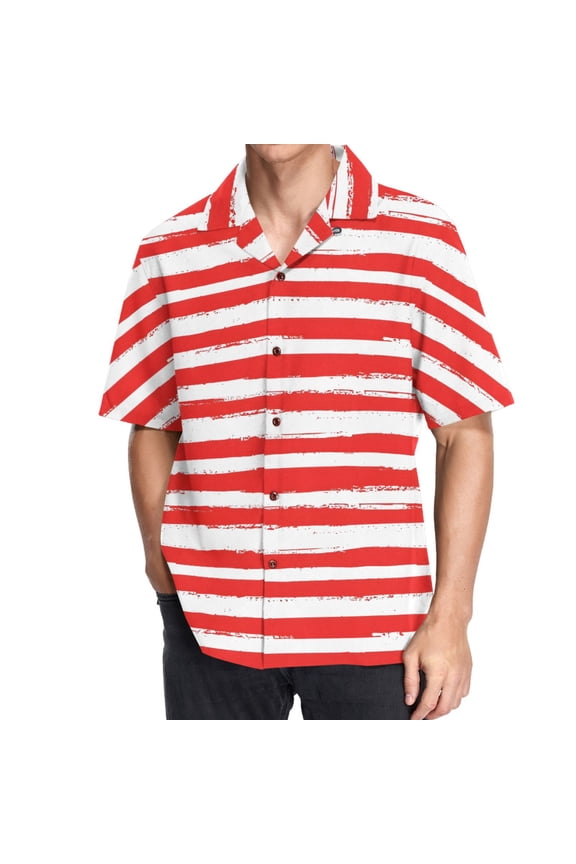 Men's Hawaiian Shirt Red and White Stripes Short Sleeve Casual Button Down Shirts XL