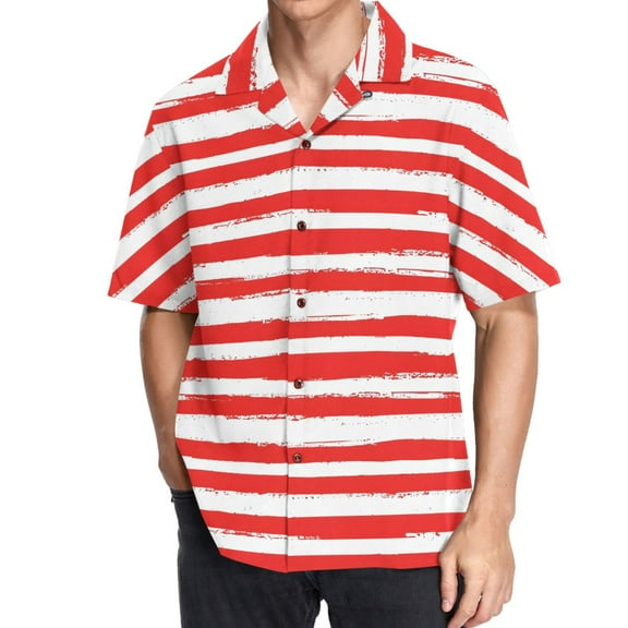 joogoo Men's Hawaiian Shirt Red and White Stripes Short Sleeve Casual Button Down Shirts XL