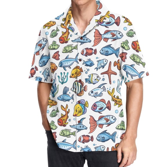 joogoo Men's Hawaiian Shirt Sea Fishes in Ocean Short Sleeve Casual Button Down Shirts L