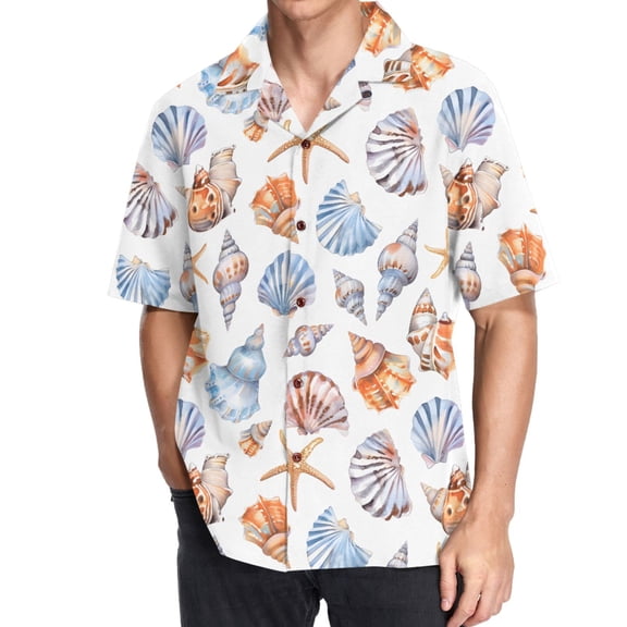 joogoo Men's Hawaiian Shirt Sea Shell Coach Short Sleeve Casual Button Down Shirts M