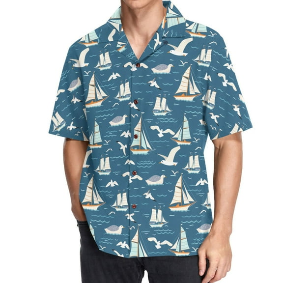 joogoo Men's Hawaiian Shirt Seagulls and Ship Short Sleeve Casual Button Down Shirts M