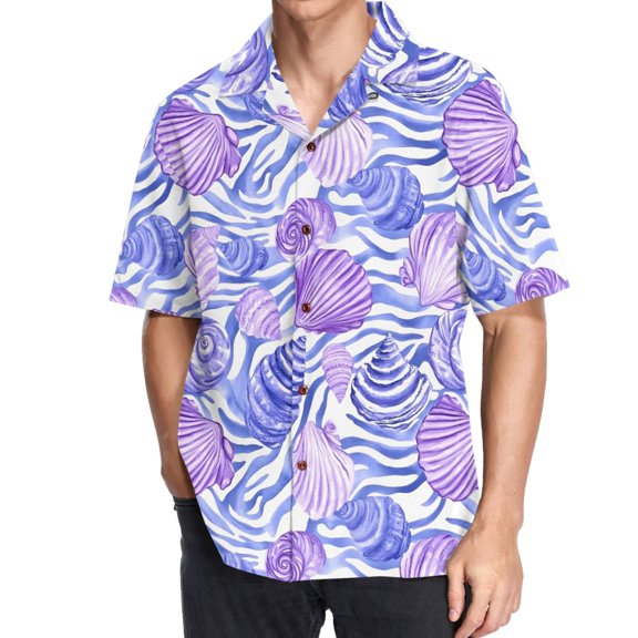 joogoo Men's Hawaiian Shirt Seashells Conch on Wave Short Sleeve Casual Button Down Shirts L