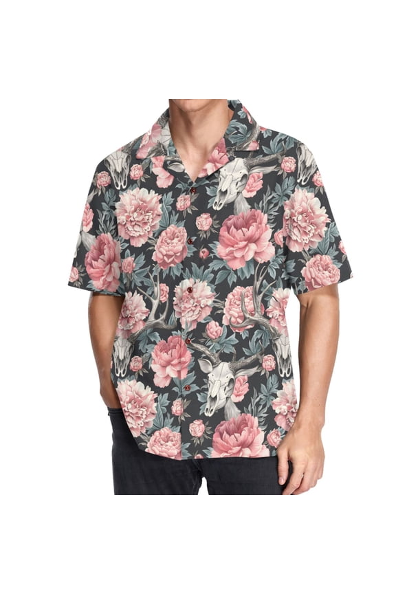 Men's Hawaiian Shirt Skull in Flower Short Sleeve Casual Button Down Shirts L