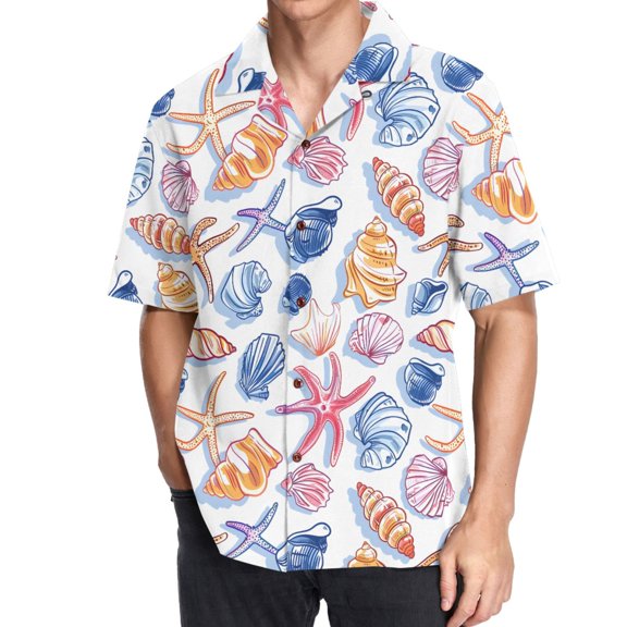 joogoo Men's Hawaiian Shirt Starfish Shells Conch Short Sleeve Casual Button Down Shirts L