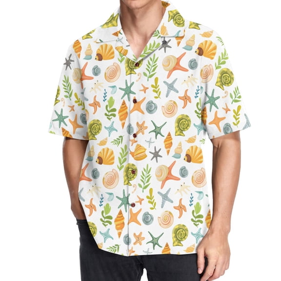 joogoo Men's Hawaiian Shirt Starfish Snails Conch Short Sleeve Casual Button Down Shirts L