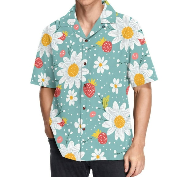 joogoo Men's Hawaiian Shirt Strawberry Daisy Floral Short Sleeve Casual Button Down Shirts L