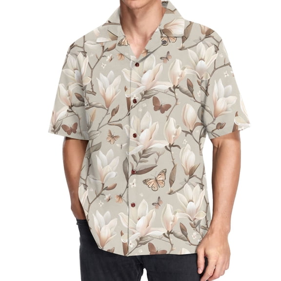 joogoo Men's Hawaiian Shirt Vintage Magnolia Flowers Butterflies Short Sleeve Casual Button Down Shirts 3XL