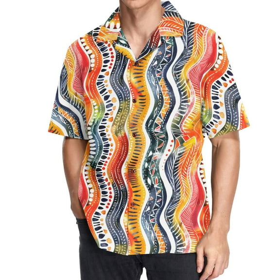 joogoo Men's Hawaiian Shirt Watercolor Wave Lines Short Sleeve Casual Button Down Shirts M
