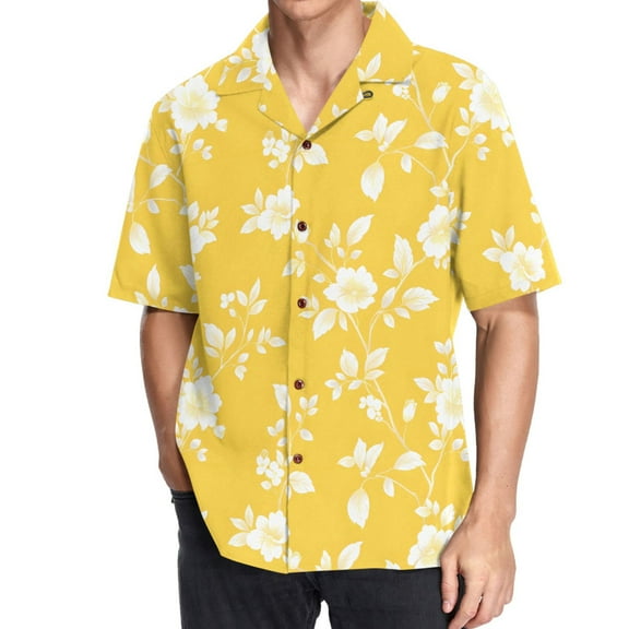 joogoo Men's Hawaiian Shirt Yellow Leaves Flower Short Sleeve Casual Button Down Shirts XL