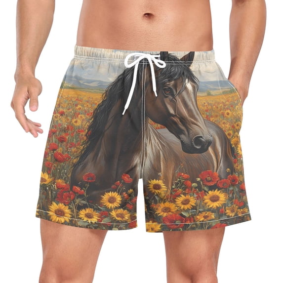 joogoo Men's Horse in Wild Flower Swim Trunks with Liner Pocket Beach Shorts Large