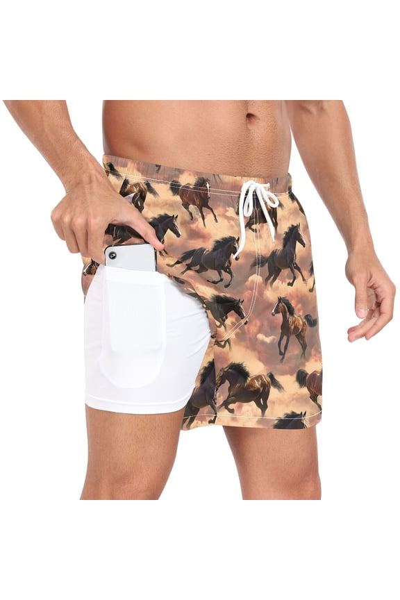 Men's Horses Running Swim Trunks with Liner Pocket Beach Shorts L