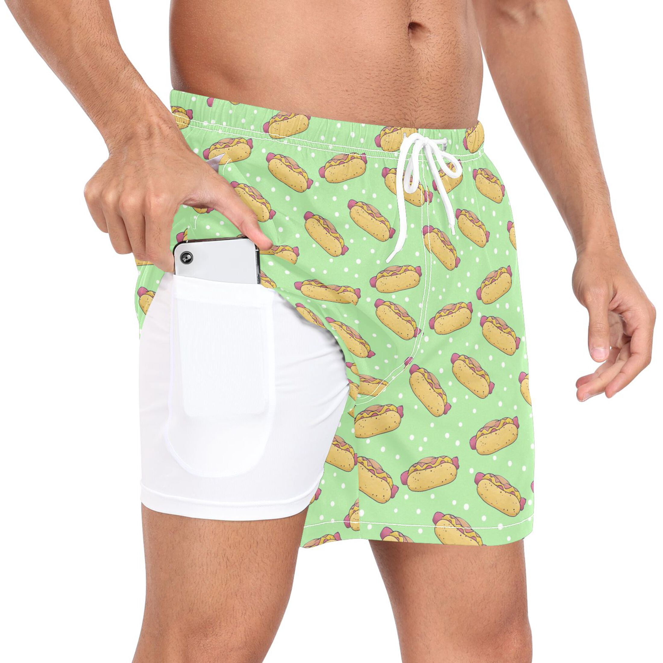 joogoo Men's Hot Dogs Swim Trunks with Liner Pocket Beach Shorts L