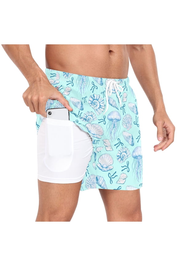 Men's Jellyfish Bow Swim Trunks with Liner Pocket Beach Shorts L