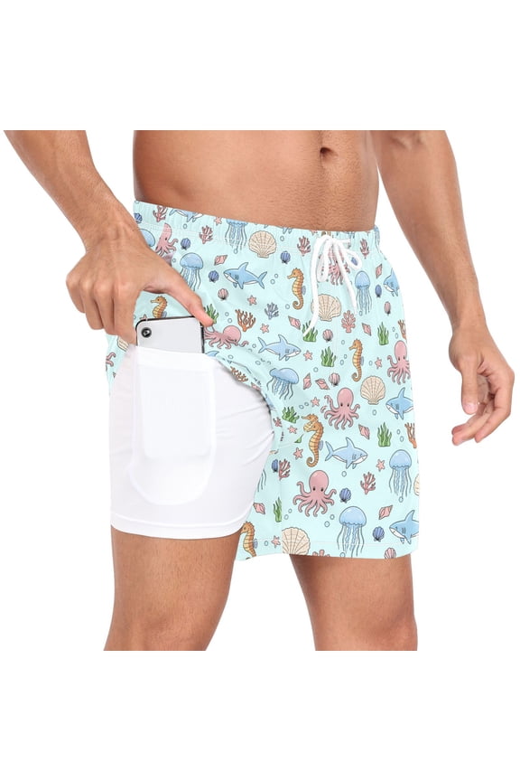 Men's Jellyfish Sharks Ocean Swim Trunks with Liner Pocket Beach Shorts L