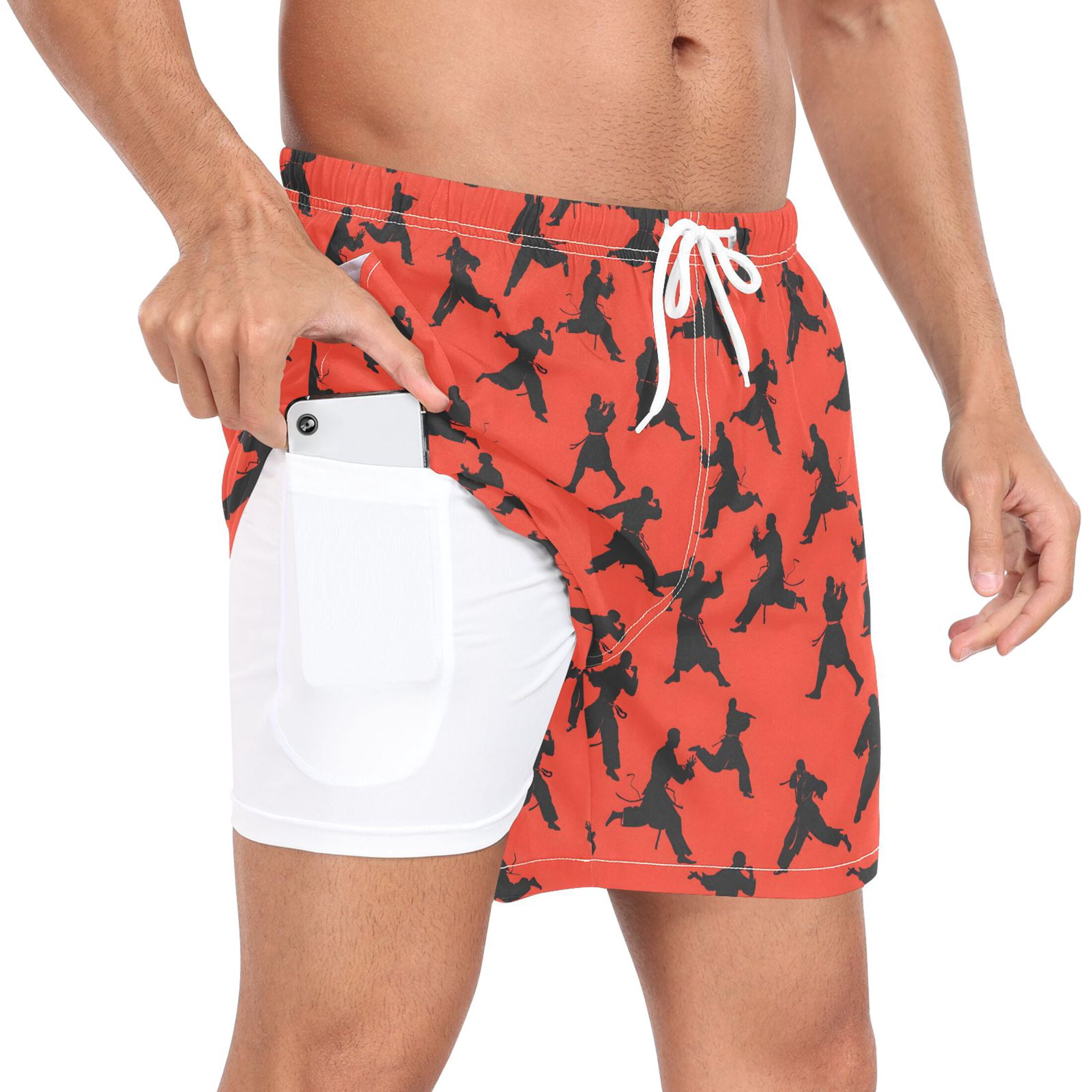 joogoo Men's Karate Style Red Swim Trunks with Liner Pocket Beach Shorts XXL