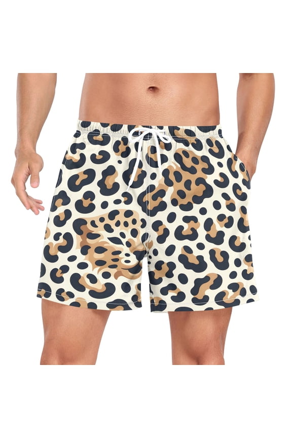 Men's Leopard Brown Swim Trunks with Liner Pocket Beach Shorts Large
