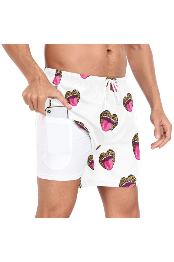 Men's Leopard Red Lips Swim Trunks with Liner Pocket Beach Shorts S